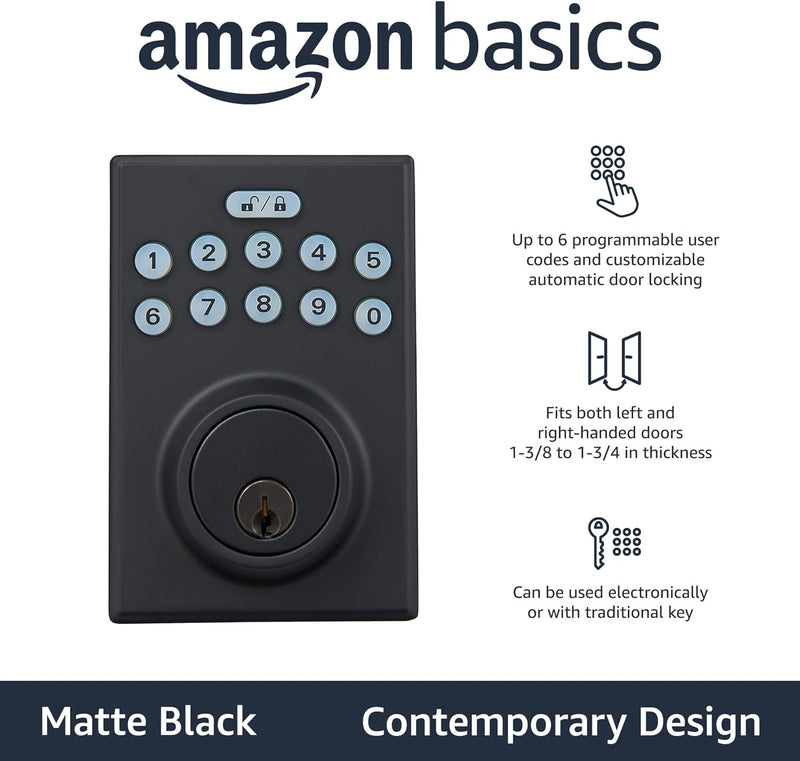 Amazon Basics Electronic Keypad Deadbolt Door Lock PL1S4910 - Matte Black Like New