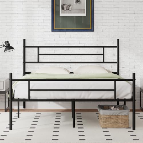 NOVILLA QUEEN SIZE BED FRAME HEADBOARD FOOTBOARD 14" METAL PLATFORM - DARK BLACK - Like New