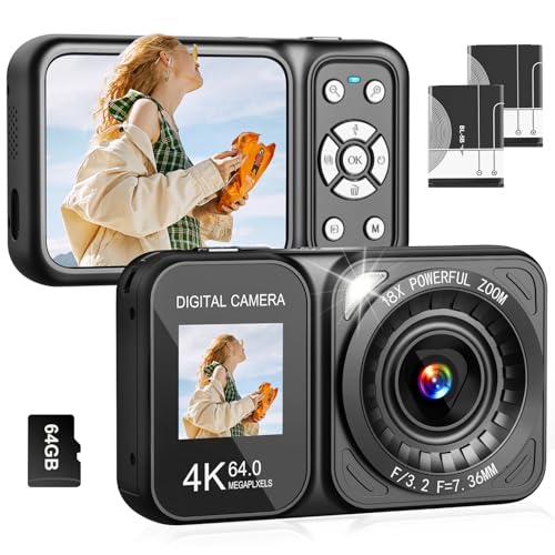 Digital Camera, 4K 64MP Dual Screens Camera, 18X Zoom, Point - Scratch & Dent
