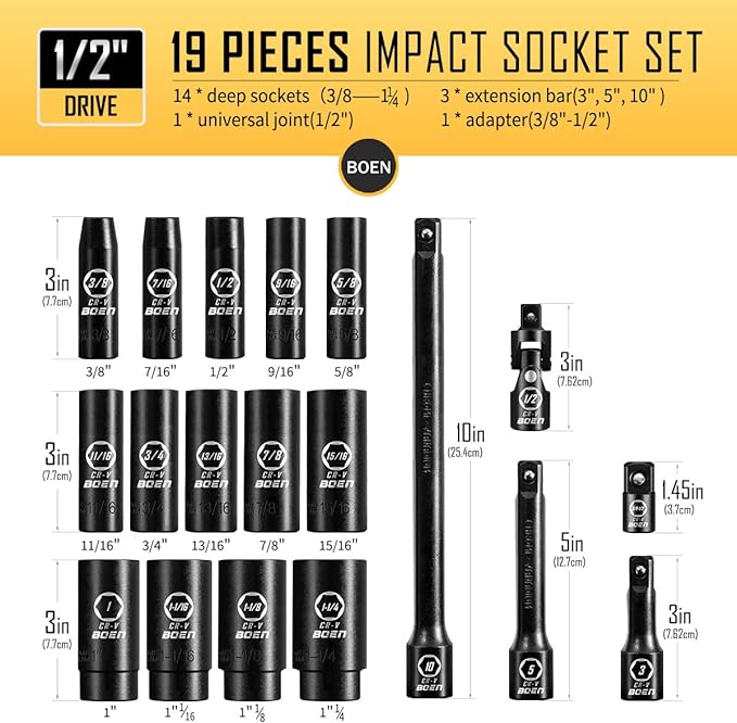 BOEN 19-Piece 1/2" Drive Deep SAE Socket Set 3/8"-1-1/4", Cr-V Steel - Black - Like New