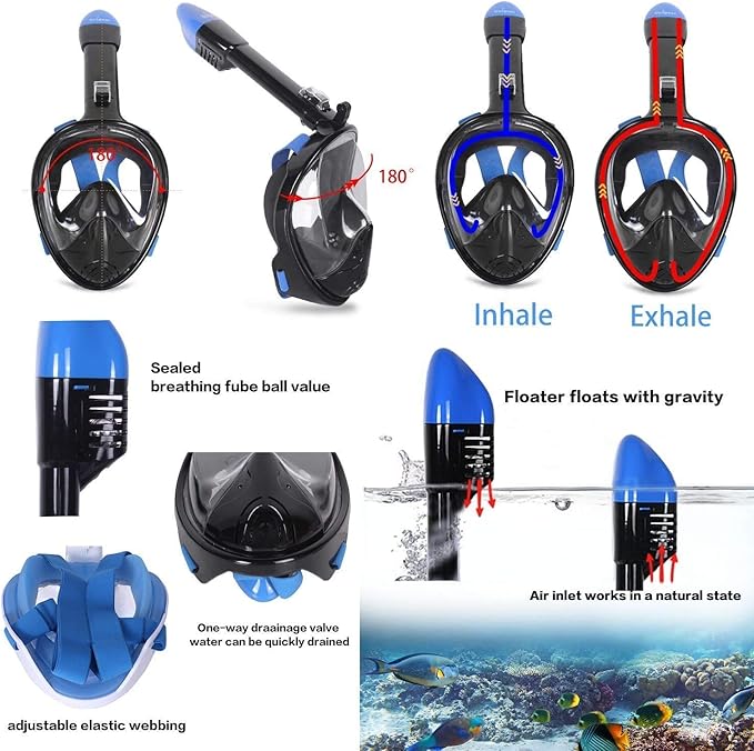 UNIGEAR SNORKEL MASK FULL FACE DIVING ANTI-FOG - SIZE: MEN S/M - BLACK/BLUE - Like New