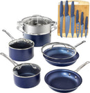 GRANITESTONE NONSTICK POTS AND PANS 17 PIECE KITCHEN COOKWARE SET 8306, BLUE - Like New