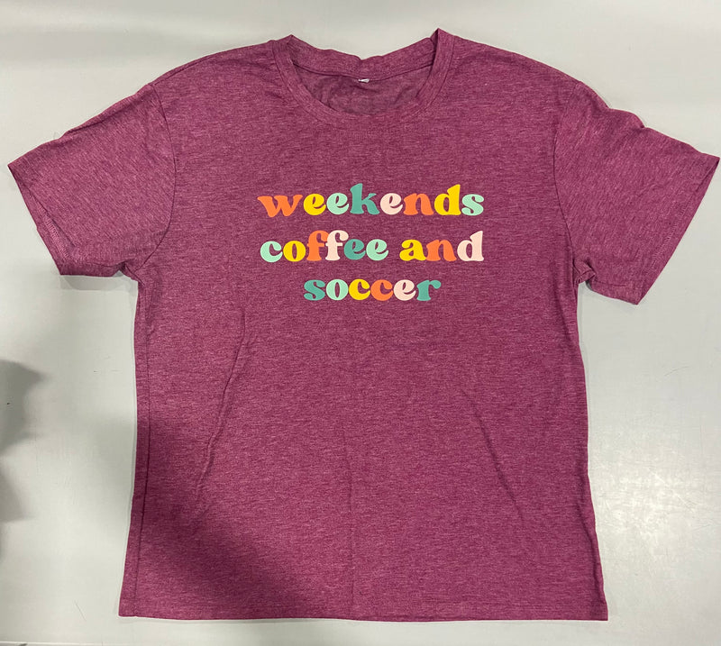 SOCCER MOM TEES WEEKENDS COFFEE SOCCER SOCCER AUNTIE T-SHIRT - HEATHER MAROON L - Like New