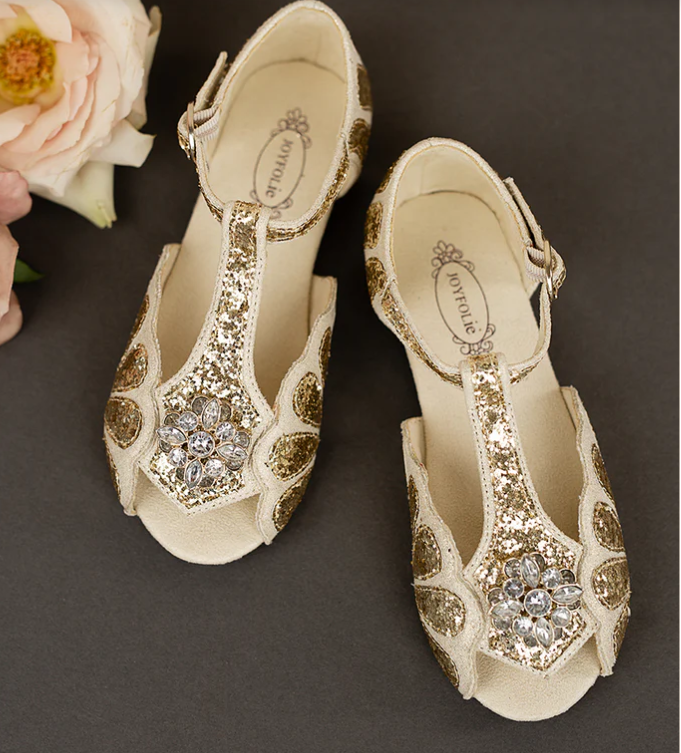 JOY FOLIE MARI FLOWER GIRL FLAT IN GOLD - SIZE: YOUTH 3 - Like New