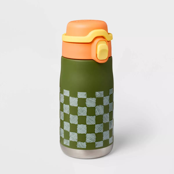 CAT AND JACK 14OZ WATER BOTTLE WHITE CHECKERED PRINT DESIGN - GREEN - Brand New