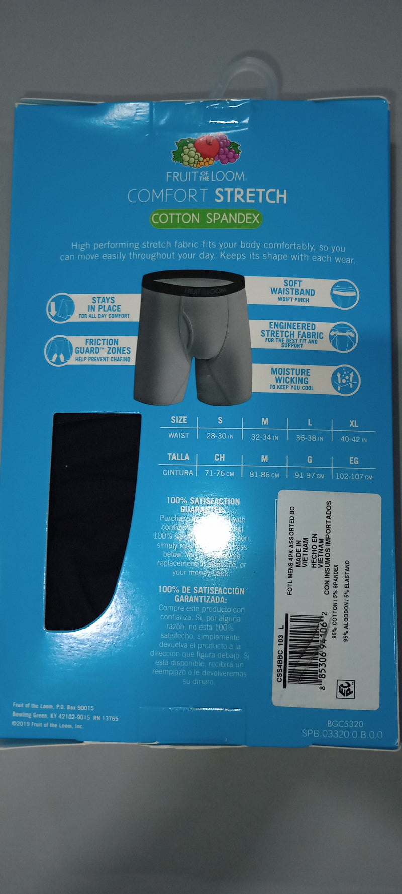 FRUIT OF THE LOOM MEN'S BOXER BRIEFS, 4 PACK, SIZE L - BLUE/GRAY/BLACK/RED - Brand New