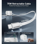 WOLLZZ 75W UNIVERSAL TRAVEL ADAPTER WITH 5 PORTS AND RETRACTABLE CABLE - WHITE - Brand New