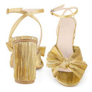 MUCCCUTE Women's Bow Knot Heeled Sandals Ankle Buckle Strap Chunky Heeled - Gold - Like New