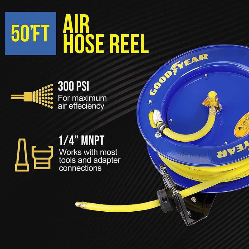 Goodyear Industrial Retractable Air Hose Reel - 3/8" x 50' Ft, 300 PSI Max, 1/4"