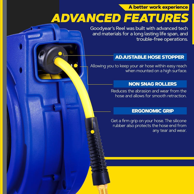 Goodyear Mountable Retractable Air Hose Reel - 1/4" x  50' Ft, 3' Ft Lead-In