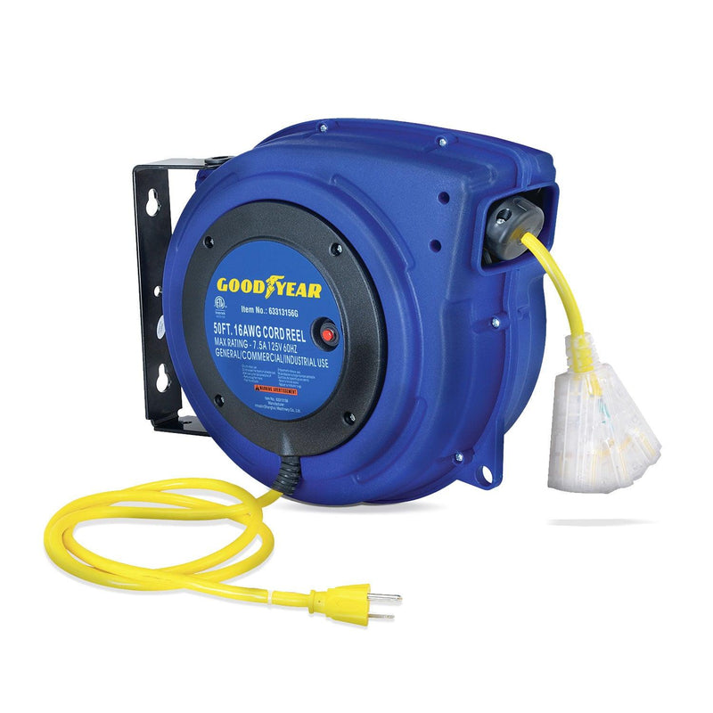 Goodyear Mountable Retractable Extension Cord Reel - 16AWG x 50' Ft, 3 Grounded