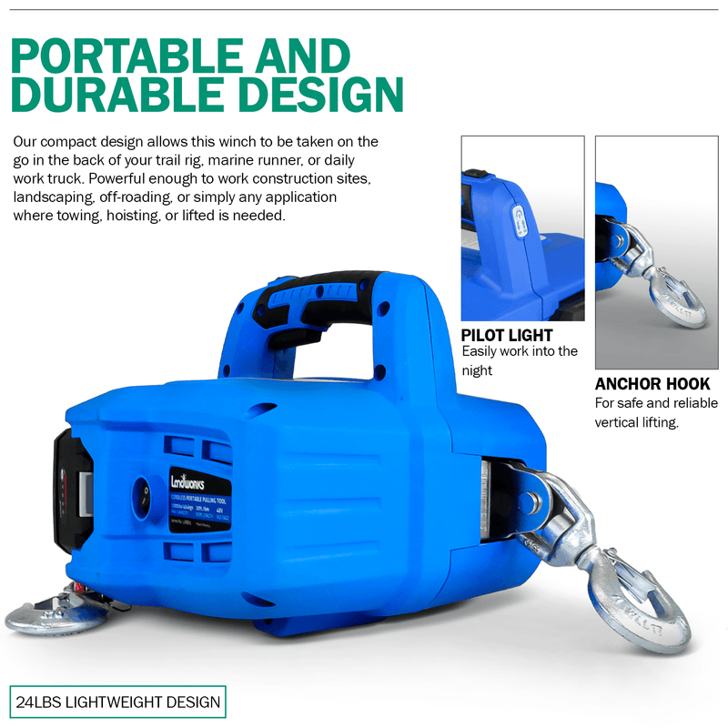 Landworks Electric Portable Towing Winch - 48V 2Ah Battery System, 1/2 Ton Max