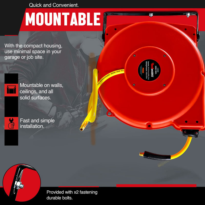 ReelWorks Mountable Retractable Air Hose Reel - 3/8" x 50' Ft, 3' Ft Lead-In