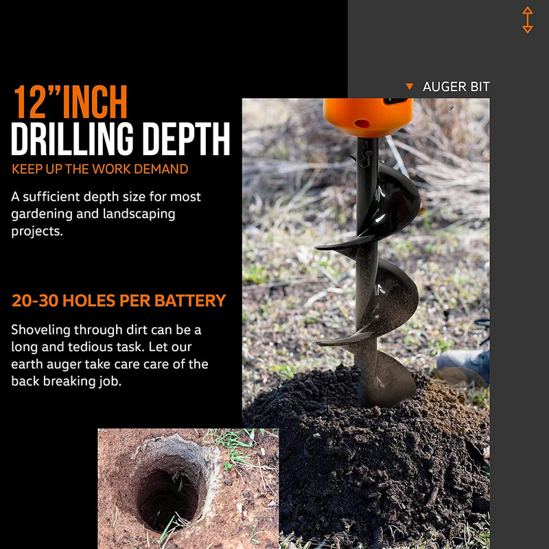 SuperHandy Electric Earth Auger and Drill Bit - 20V 4Ah Battery System, 12" x 3"
