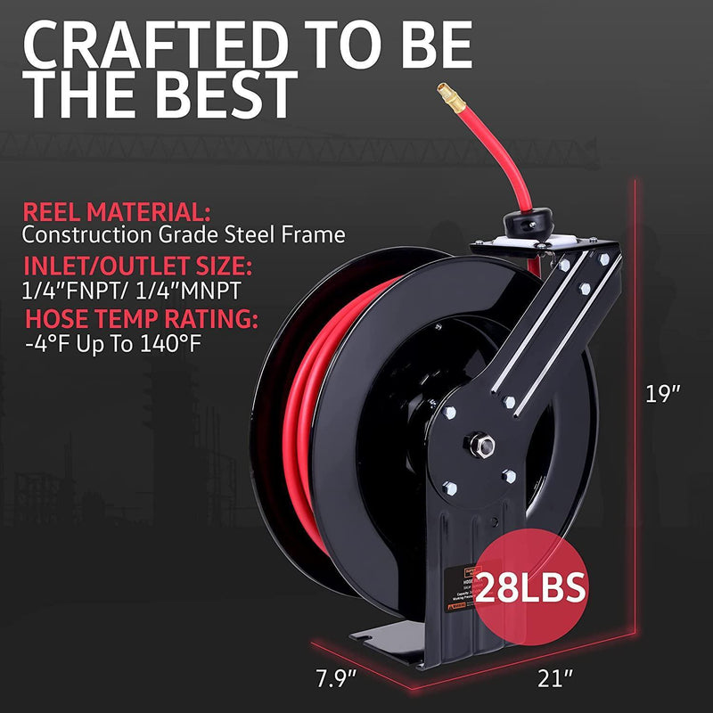 SuperHandy Industrial Retractable Air Hose Reel - 3/8" x  50'FT, 1/4" NPT